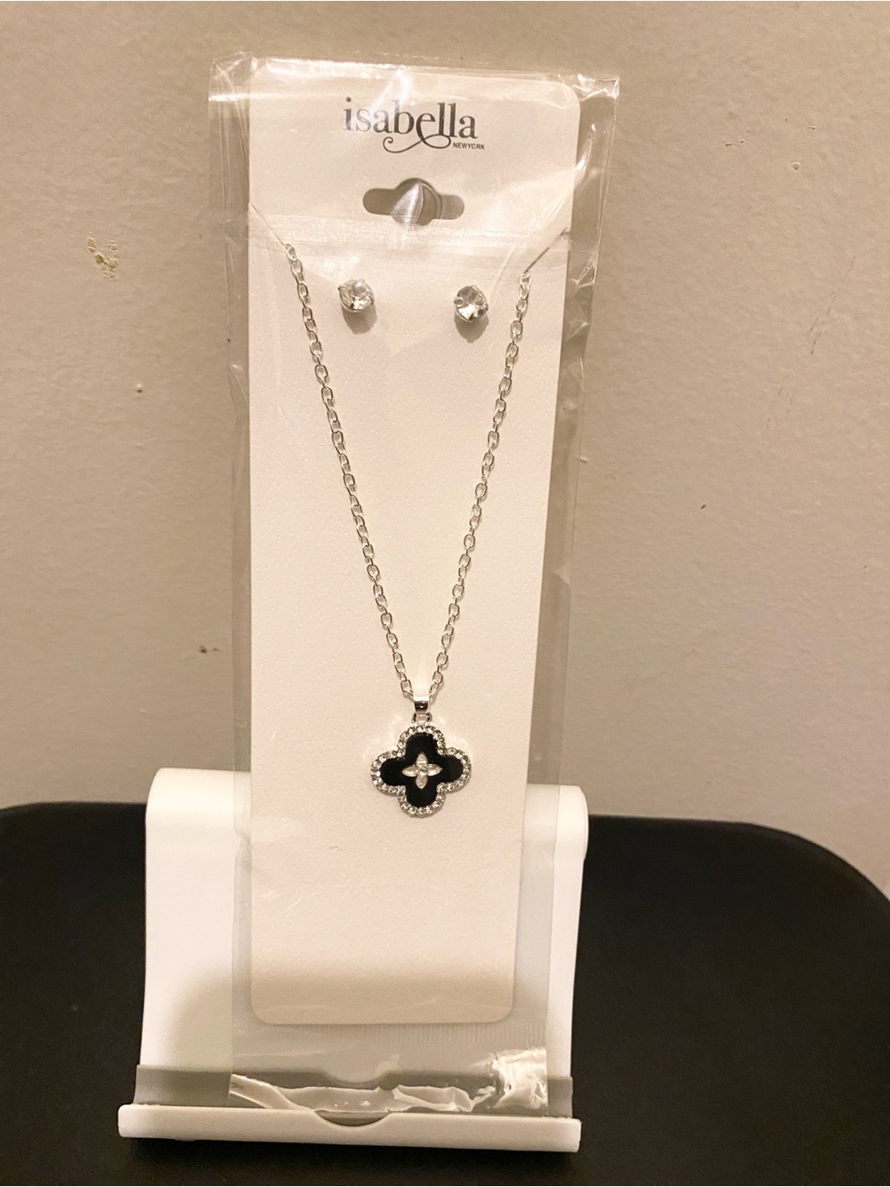 Isabella Silver-Tone Black Clover Pendant Necklace with Crystal Accents